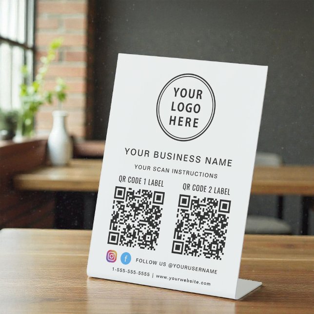 Signe De Table Logo d'entreprise 2 QR Codes Médias sociaux (Business Logo 2 QR Codes Social Media Pedestal Sign)