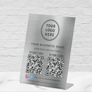 Signe De Table Logo d'entreprise 2 QR Codes médias sociaux Silver