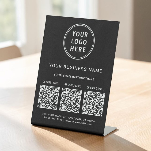Signe De Table Logo d'entreprise 3 codes QR noirs (Business Logo 3 QR Codes Black Pedestal Sign)