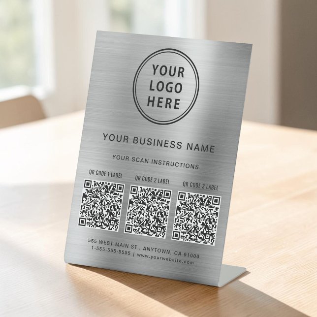 Signe De Table Logo d'entreprise 3 Codes QR Promotionnel Argent (Business Logo 3 QR Codes Promotional Silver Pedestal Sign)