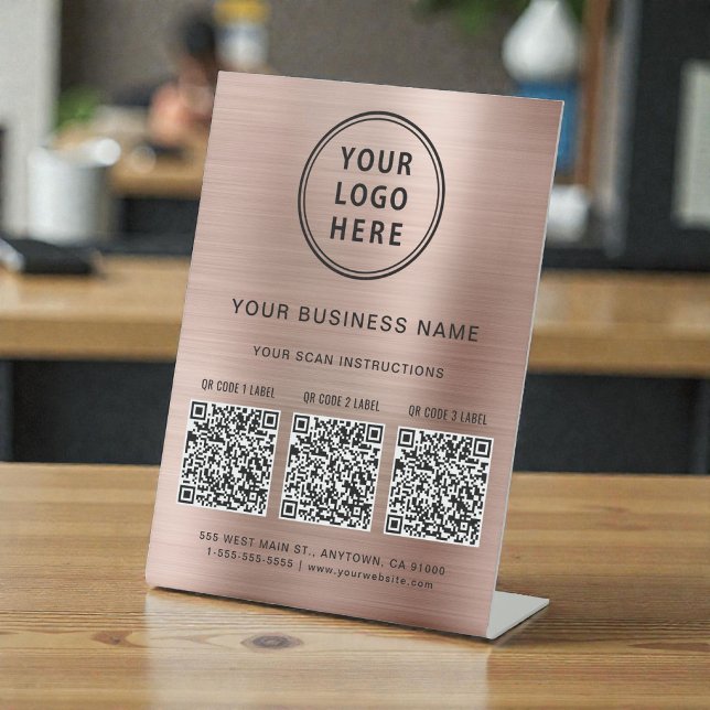 Signe De Table Logo d'entreprise 3 codes QR Rose Gold (Business Logo 3 QR Codes Rose Gold Pedestal Sign)