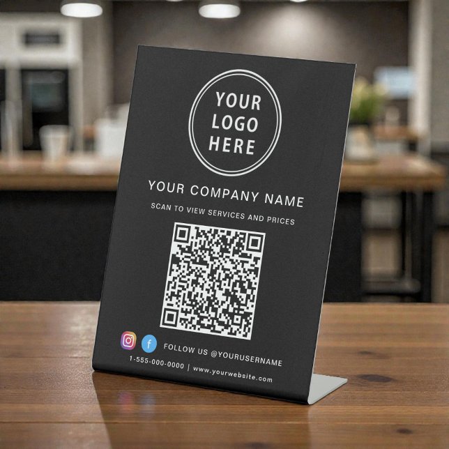 Signe De Table Logo d'entreprise Créez votre code QR Réseaux soci (Business Logo Create Your QR Code Social Media Pedestal Sign)