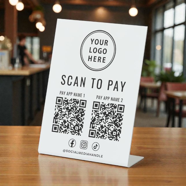 Signe De Table Logo d'entreprise pour 2 codes QR de paiement à nu (Scan to Pay 2 QR Codes Business Logo Pedestal Sign)
