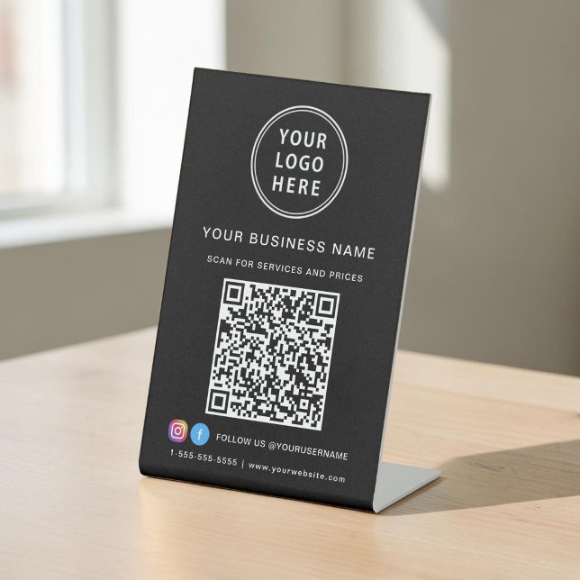 Signe De Table Logo d'entreprise Réseaux Sociaux Code QR Noir (Business Logo Social Media Black QR Code Pedestal Sign)
