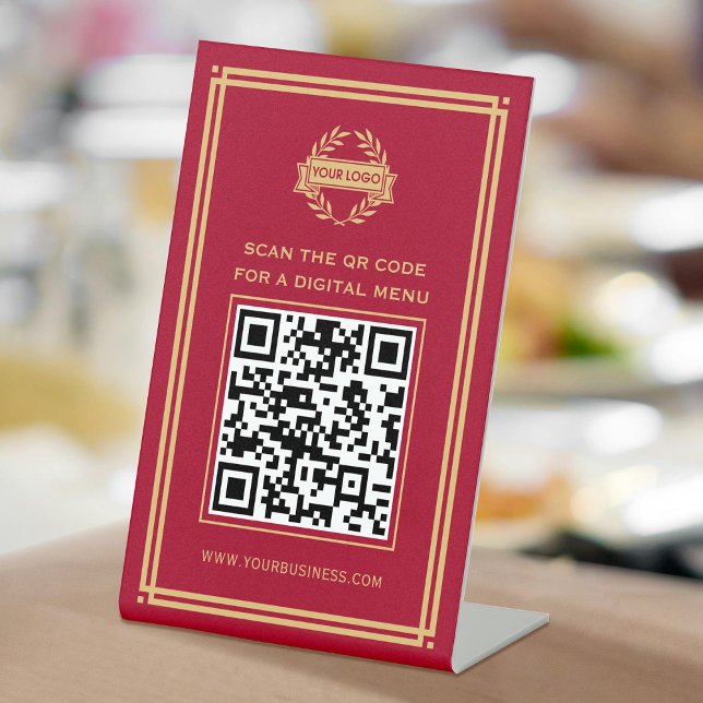 Signe De Table Logo du menu du code QR sans contact Classic Red G (Créateur téléchargé)