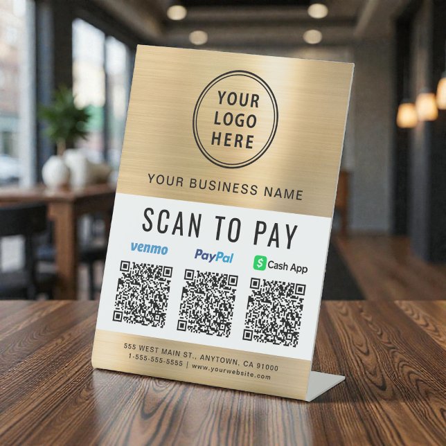 Signe De Table Logo Paiement par Scan Paypal Venmo CashApp Code Q (Scan to Pay Logo Paypal Venmo CashApp QR Code Gold Pedestal Sign)