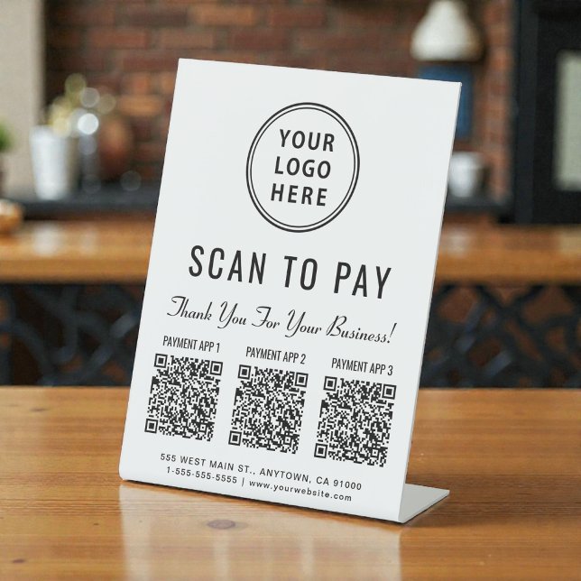 Signe De Table Logo « Payer par scan » 3 codes QR de paiement (Scan to Pay Logo 3 Payment QR Codes Pedestal Sign)