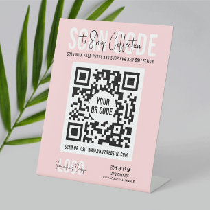 Signe De Table Logo personnalisé QR Code Scan to Shop Pink & Whit