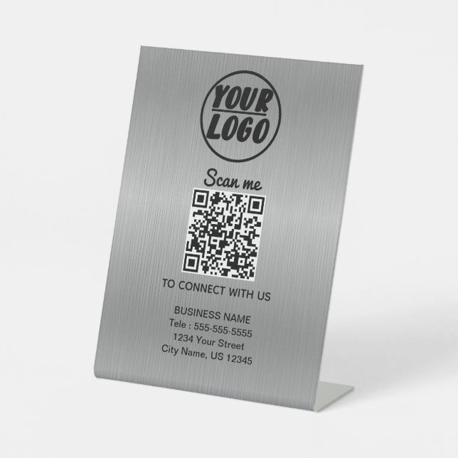 Signe De Table Logo professionnel personnalisé Code QR Silver (Recto)