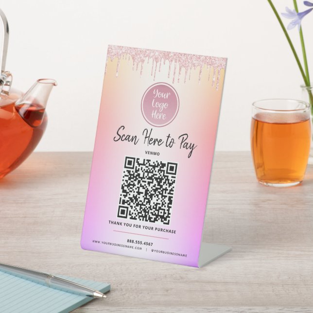 Signe De Table Logo QR Code Paie Parties scintillant rose ici Rai (In SItu)