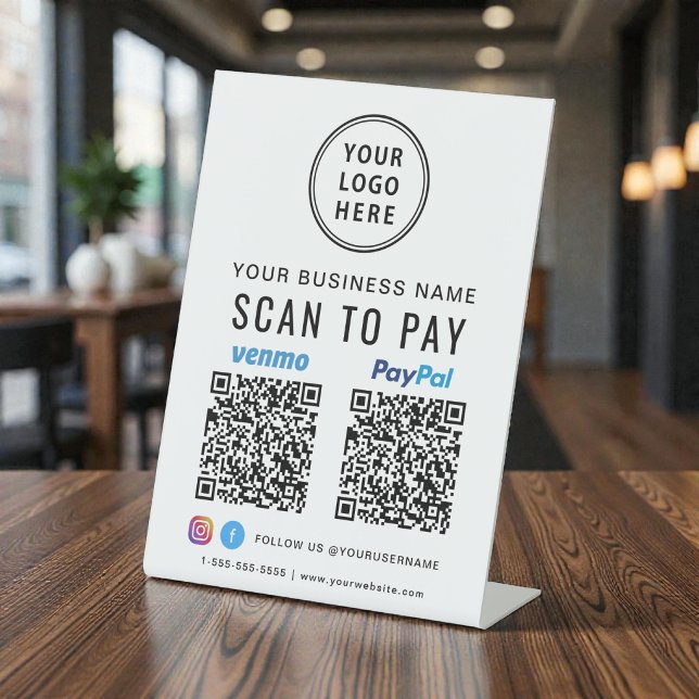 Signe De Table Logo Scan pour payer Paypal Venmo Codes QR (Venmo Paypal QR Codes Scan to Pay Logo Pedestal Sign)
