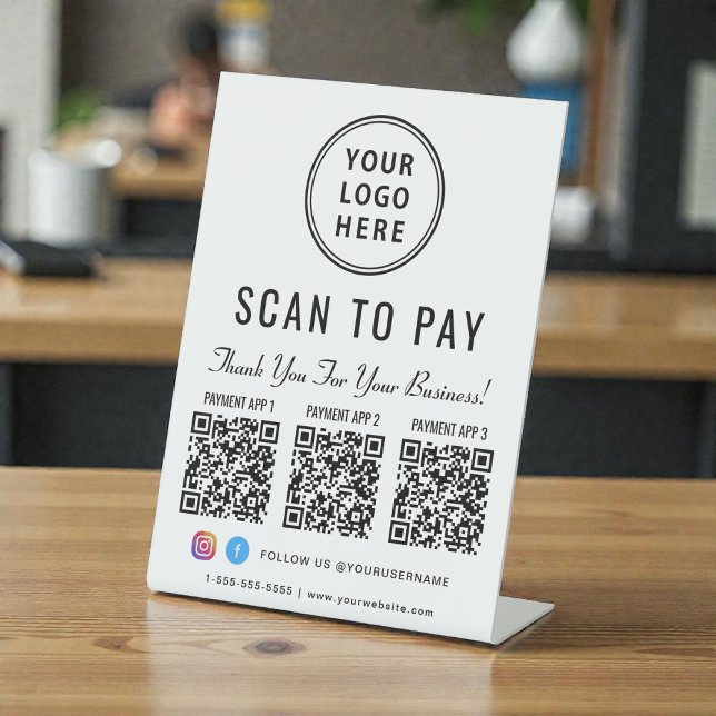 Signe De Table Logo Scan to Pay 3 codes QR de paiement (Scan to Pay Logo 3 Payment QR Codes Pedestal Sign)