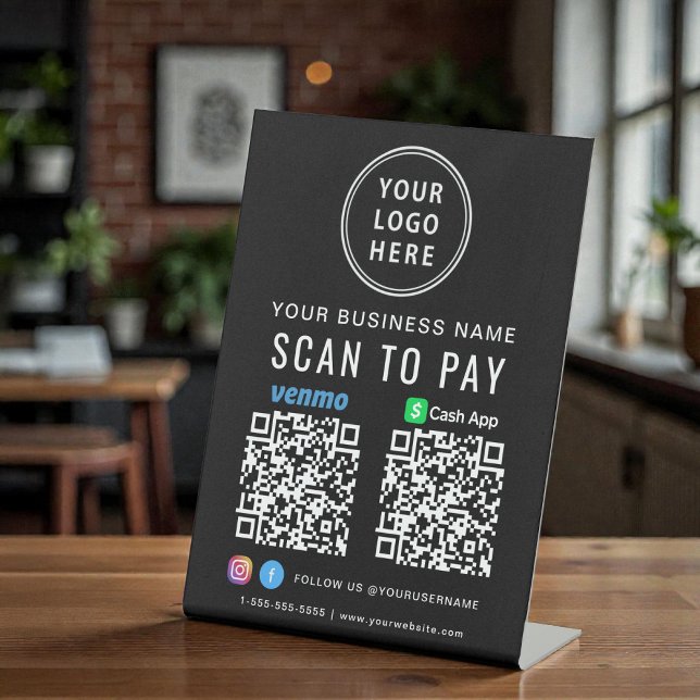 Signe De Table Logo Scan to Pay CashApp Venmo Codes QR Noir (Scan to Pay Logo CashApp Venmo QR Codes Black Pedestal Sign)