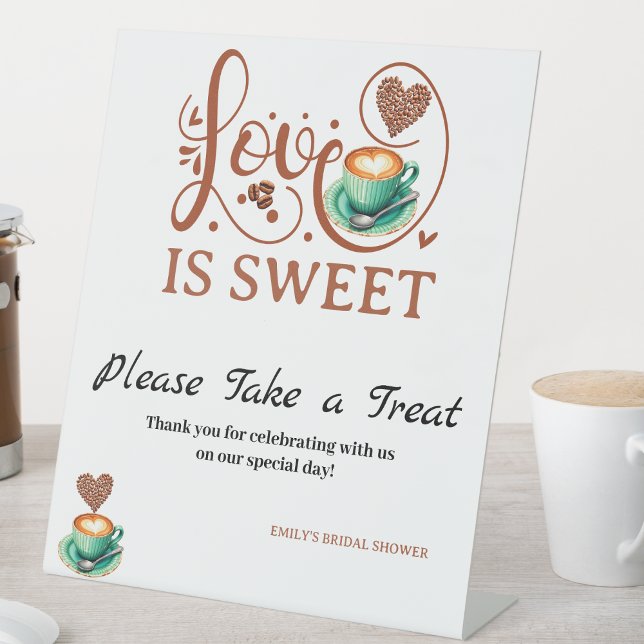 Signe De Table Love Is Sweet Coffee Heart Calligraphy Terracotta  (love is sweet wedding tabletop signs bridal shower calligraphy please take a treat winter fall theme)