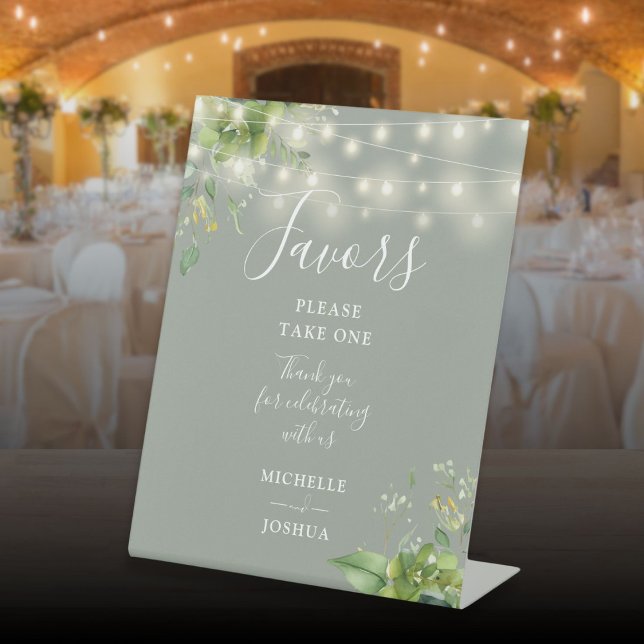 Signe De Table Lumières Guirlande de Verdure Botanique Vert Sauge (String Lights Greenery Botanical Sage Green Favors Pedestal Sign)