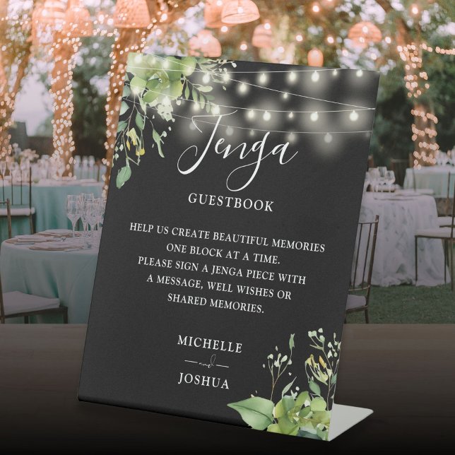 Signe De Table Lumières vertes Black Jenga Mariage Livre d'or (Greenery Lights Black Jenga Wedding Guestbook Pedestal Sign)