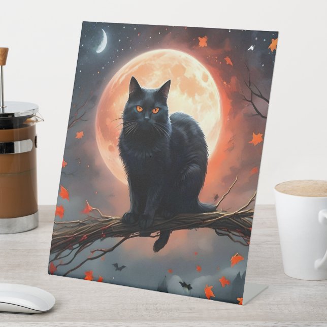 Signe De Table Lune de chat noir d'Halloween effrayant, (In SItu)