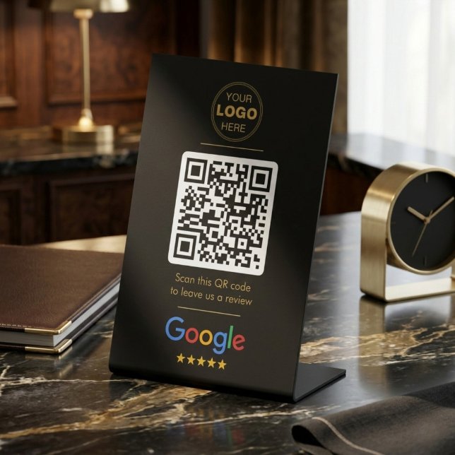 Signe De Table Luxury Black Gold Google Review QR Code Logo (Luxury Black & Gold Custom Google Review QR Code Sign)