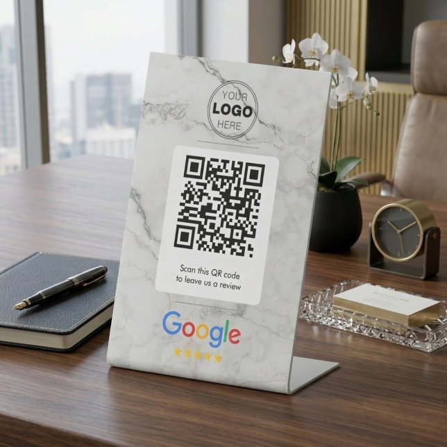 Signe De Table Luxury Marble Google Review QR Code Sign (Luxury Marble Google Review Sign | QR Code Pedestal Display for Business)