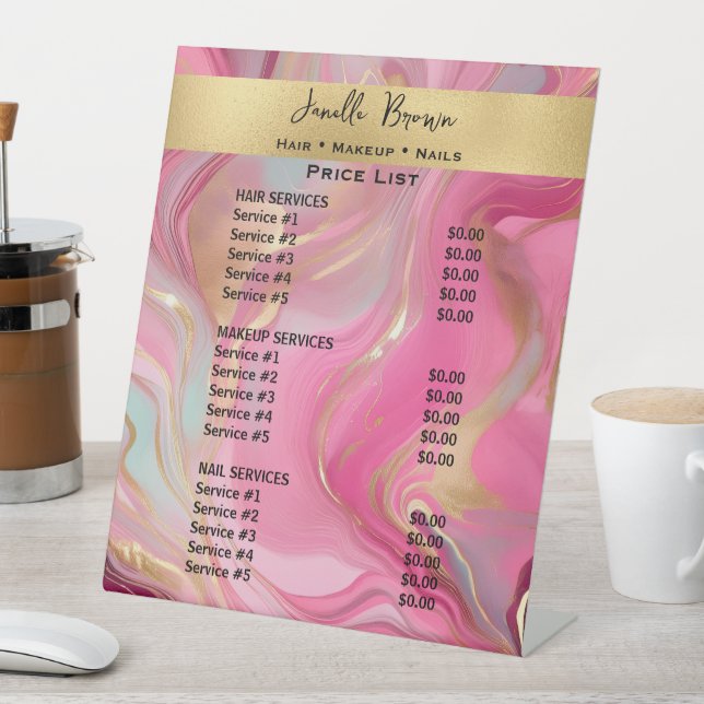 Signe De Table Luxury Pink Marble & Gold Beauty Salon Price List (In SItu)