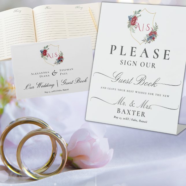 Signe De Table Magenta Rose Aquarelle Botanique Cimier Monogramme (Créateur téléchargé)