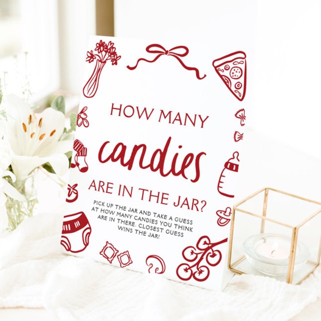Signe De Table Main Rouge Dessin Devinez Combien De Candies Baby  (Red Hand Drawn Guess How Many Candies Baby Shower Pedestal Sign)