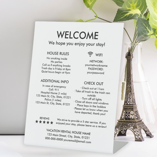 Signe De Table Maison Blanche moderne Règles de location de vacan (Modern White Vacation Rental House Welcome Pedestal Sign
)