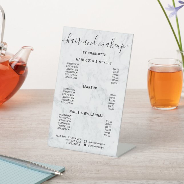 Signe De Table Marbre blanc calligraphie cheveux maquillage salon (In SItu)