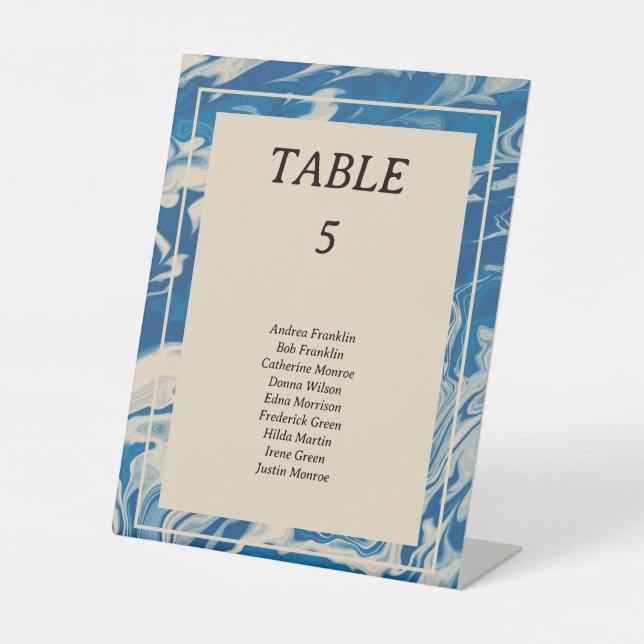 Signe De Table Marbre bleu Mariage côtier moderne Numéro de table (Recto)