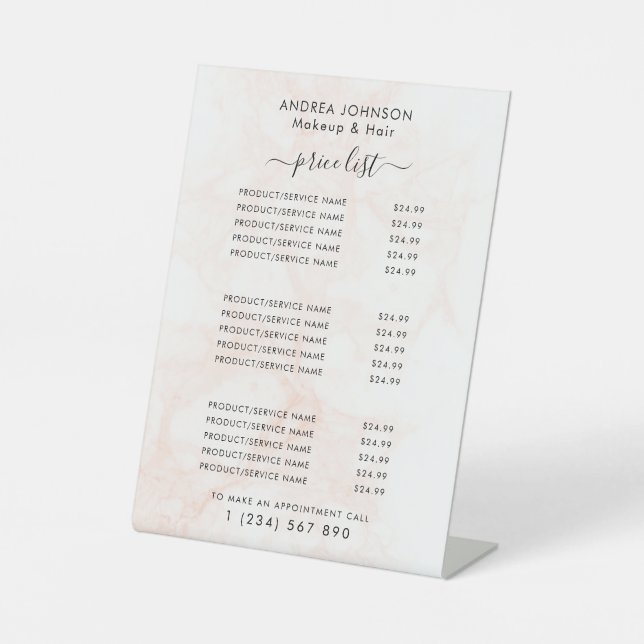 Signe De Table Marbre rose vif Beauté Menu Affaires Prix Liste (Recto)