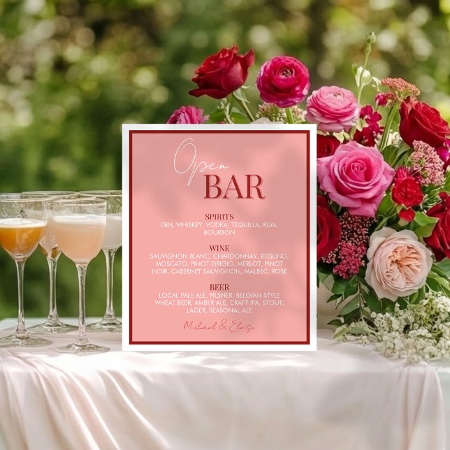 Signe De Table Mariage à bar ouvert rose élégant (Accent your cocktail hour bar in style with this Stylish Pinky Pink Open Bar Wedding Sign!)