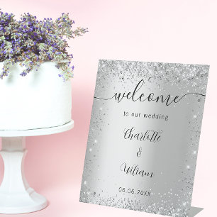 Signe De Table Mariage argent noms de parties scintillant script