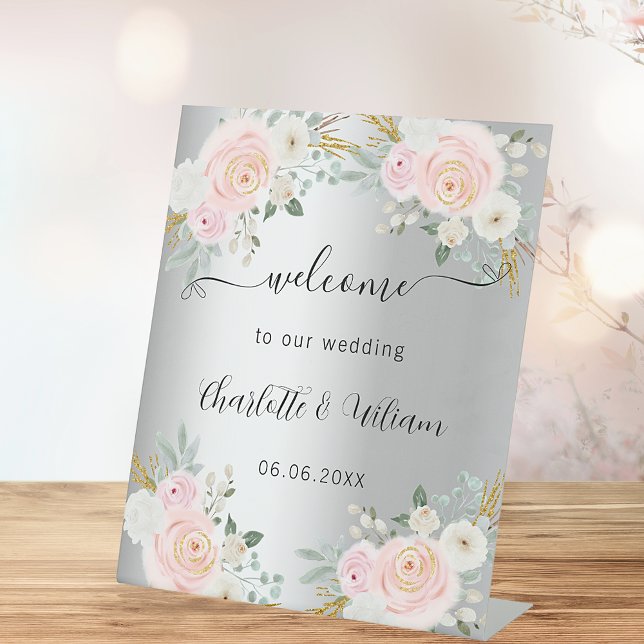 Signe De Table Mariage argent rose fleurs script bienvenue (Créateur téléchargé)