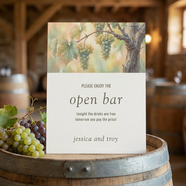 Signe De Table Mariage au vignoble de Sunset avec raisin à l'aqua (Open Bar sign from the Sunset Vineyard wedding collection by Darling & May)