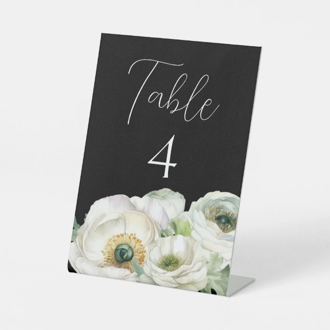 Signe De Table Mariage blanc Ranunculus Numéro de table sur noir (Recto)
