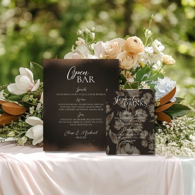 Signe De Table Mariage Boisson Signature Florale Marron Rustique  (Give your open bar and added touch of elegance with this Rustic Brown Bar Sign!)
