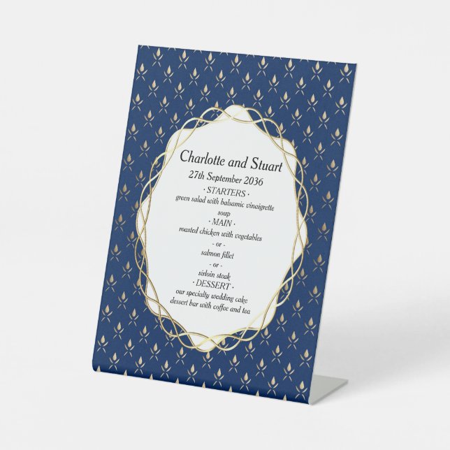 Signe De Table Mariage classique bleu et or (Recto)