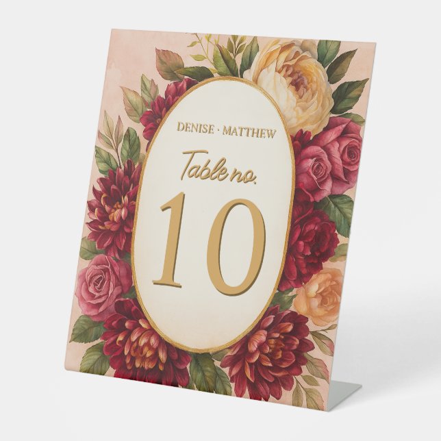 Signe De Table Mariage d'aquarelle florale de Bourgogne (Recto)