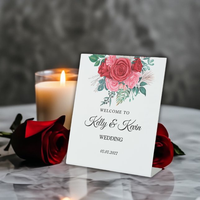 Signe De Table Mariage d'aquarelle rouge (Red Rose Watercolor Wedding Pedestal Sign)