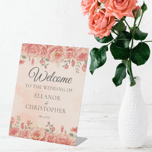 Signe De Table Mariage d'aquarelle vintage Rose Coral Bienvenue