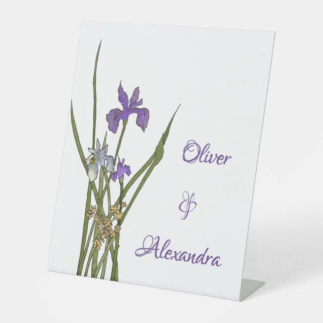 Signe De Table Mariage d'aquarelle violet et bleu Iris (Recto)