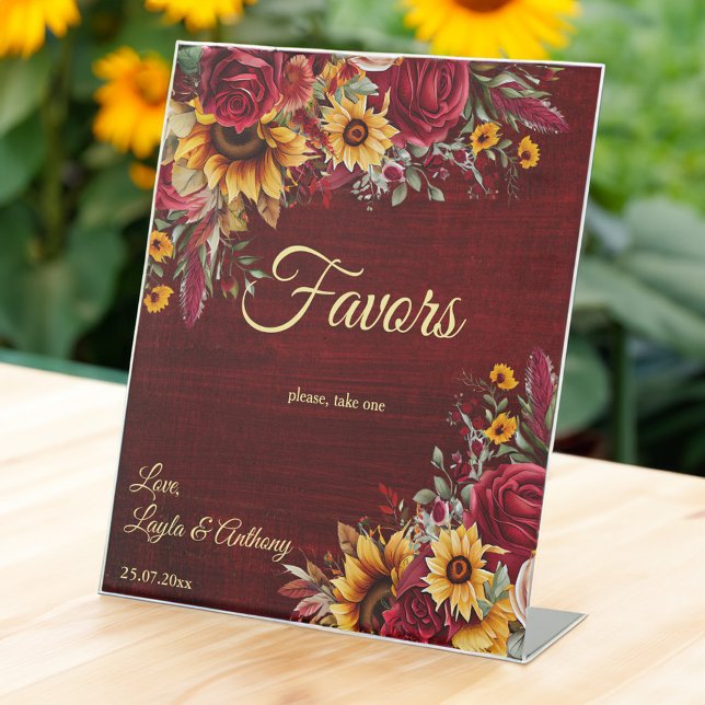 Signe De Table Mariage de automne bordeaux rose tournesols en fav (Fall sunflower wedding burgundy roses sunflowers favor table pedestal sign personalized decor)