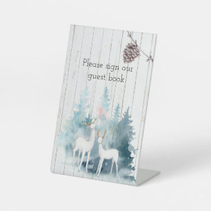 Signe De Table Mariage de cerf d'hiver et de feuillage sur bois