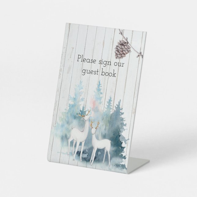 Signe De Table Mariage de cerf d'hiver et de feuillage sur bois   (Recto)