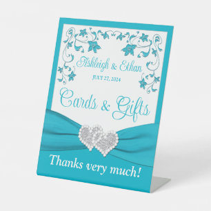 Signe De Table Mariage de Coeurs d'Amour Turquoise, Argent