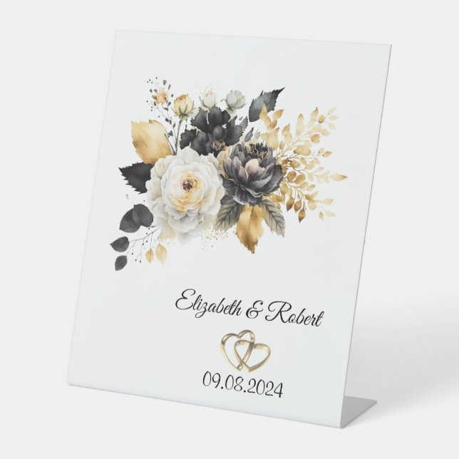 Signe De Table Mariage de fleurs blanches noires d'or (Recto)