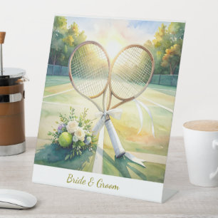 Signe De Table Mariage de tennis avec raquette sur le court