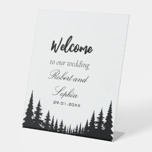 Signe De Table Mariage d'hiver aux pins noirs et blancs