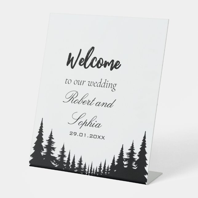 Signe De Table Mariage d'hiver aux pins noirs et blancs (Recto)