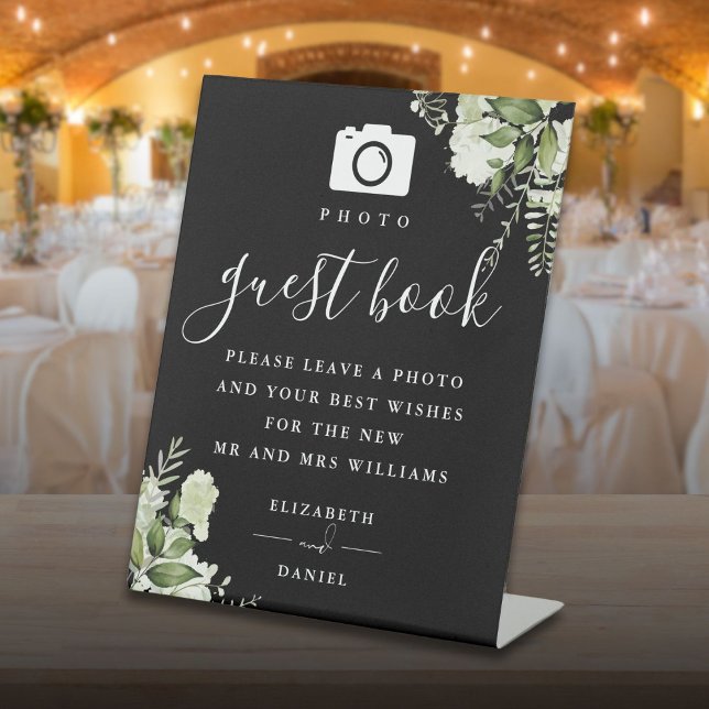 Signe De Table Mariage du livre d'invité Photo Black and White Gr (Black And White Greenery Photo Guest Book Wedding Pedestal)